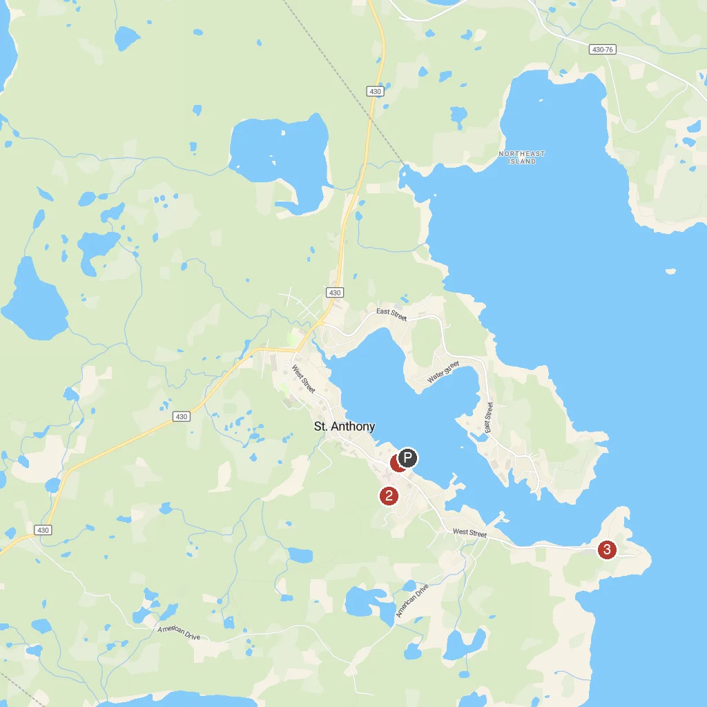 St. Anthony, Newfoundland, Canada map with numbered points of interest