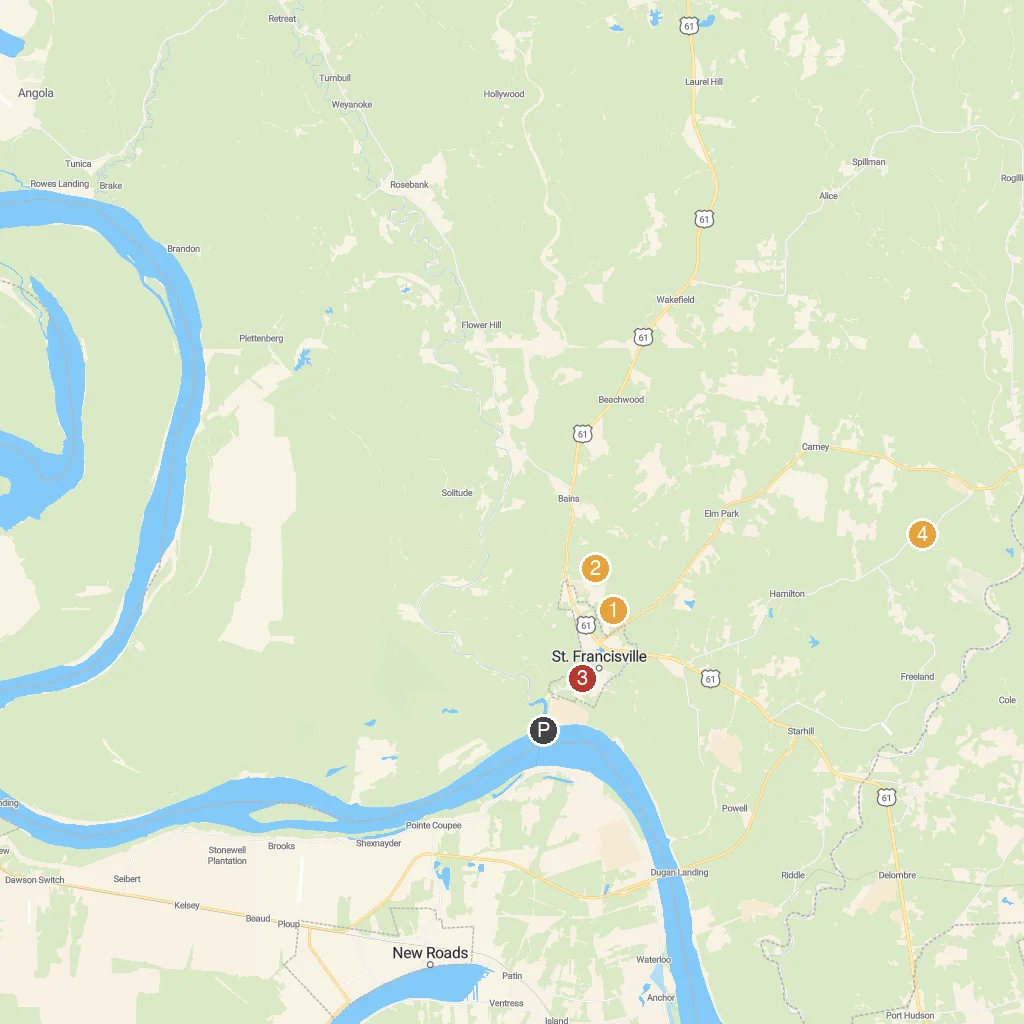 St. Francisville, Louisiana, USA map with numbered points of interest