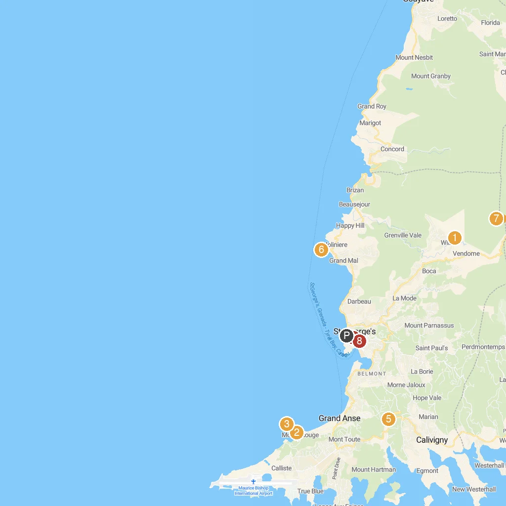 St. George's, Grenada, Caribbean map with numbered points of interest