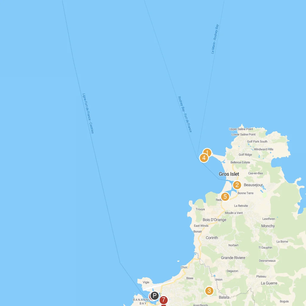 Castries, St. Lucia, Caribbean map with numbered points of interest