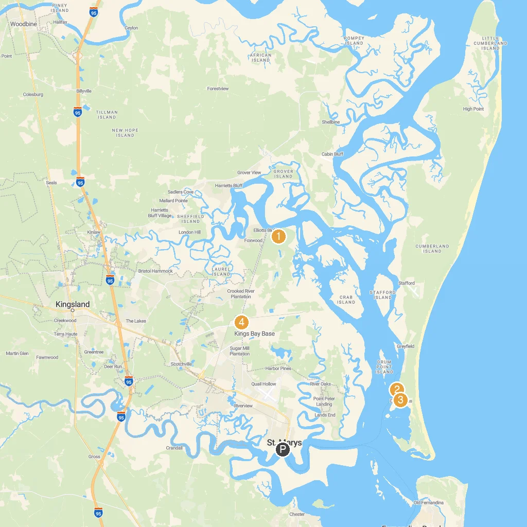 St Marys, Georgia, USA map with numbered points of interest