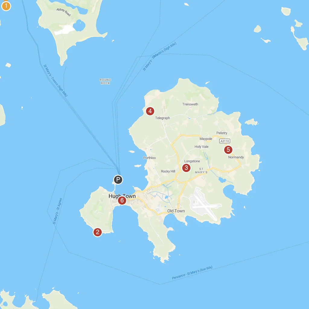 St Mary's, Isles of Scilly, England map with numbered points of interest