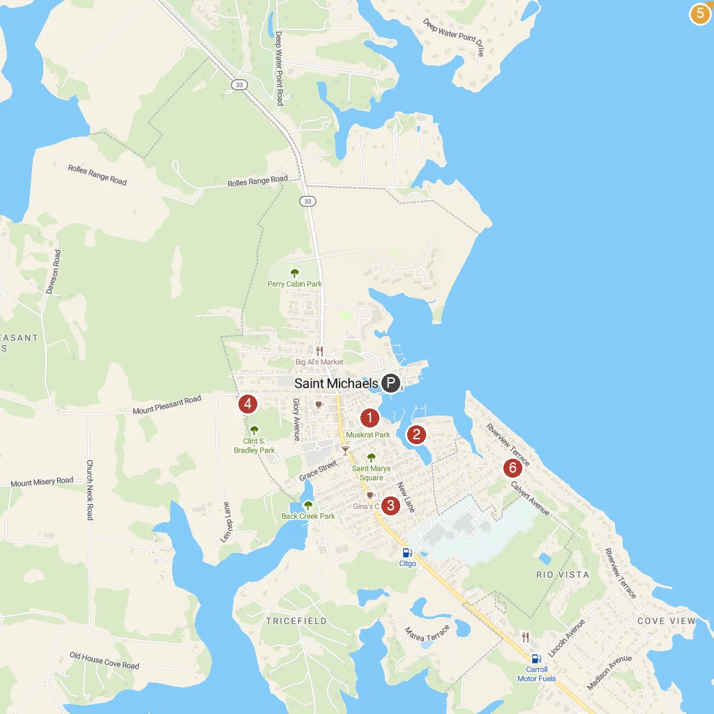 St Michaels, Maryland, USA map with numbered points of interest