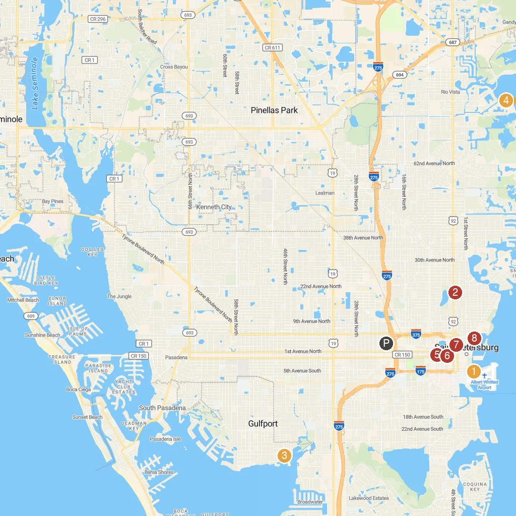 St. Petersburg, Florida, USA map with numbered points of interest