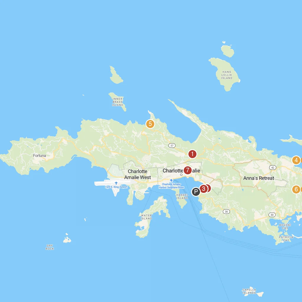 St. Thomas, U.S. Virgin Islands map with numbered points of interest