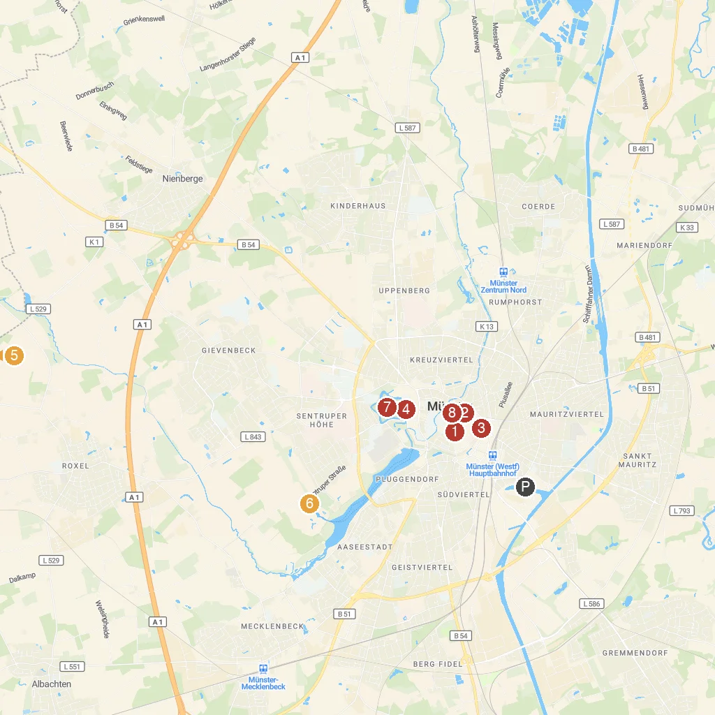 Münster, North Rhine-Westphalia, Germany map with numbered points of interest
