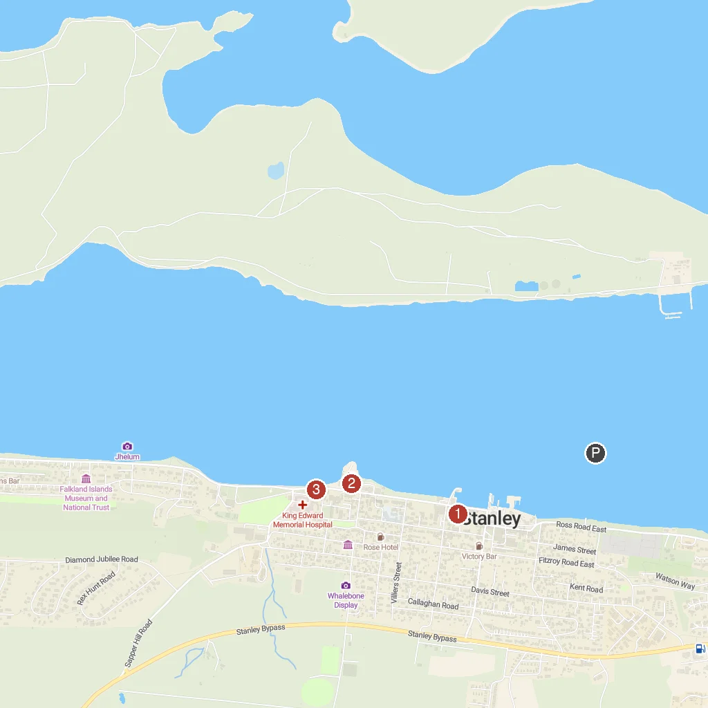 Stanley, Falkland Islands map with numbered points of interest