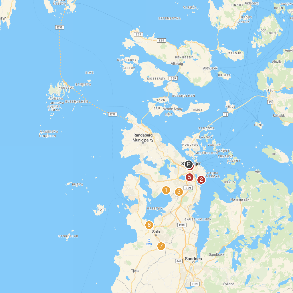 Stavanger, Rogaland, Norway map with numbered points of interest