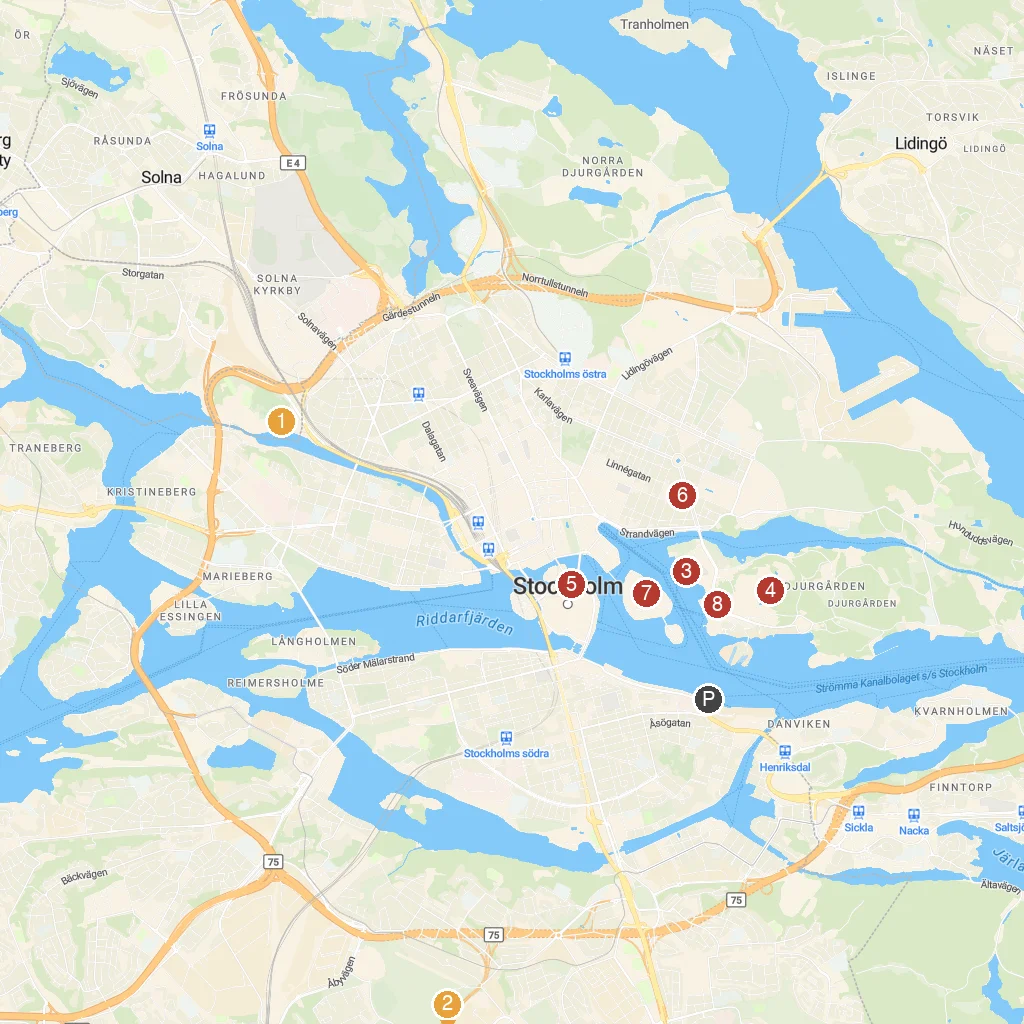 Stockholm, Stockholm County, Sweden map with numbered points of interest