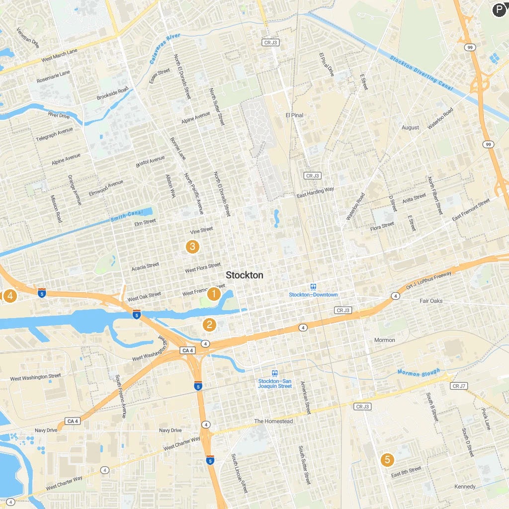 Stockton, California, USA map with numbered points of interest
