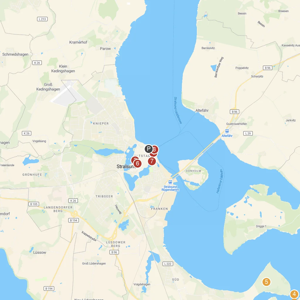 Stralsund, Mecklenburg-Vorpommern, Germany map with numbered points of interest