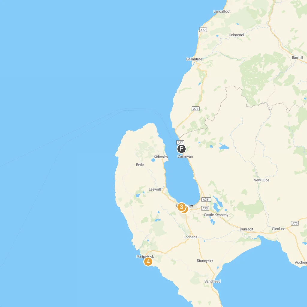 Stranraer-Cairnryan, Dumfries & Galloway, Scotland map with numbered points of interest
