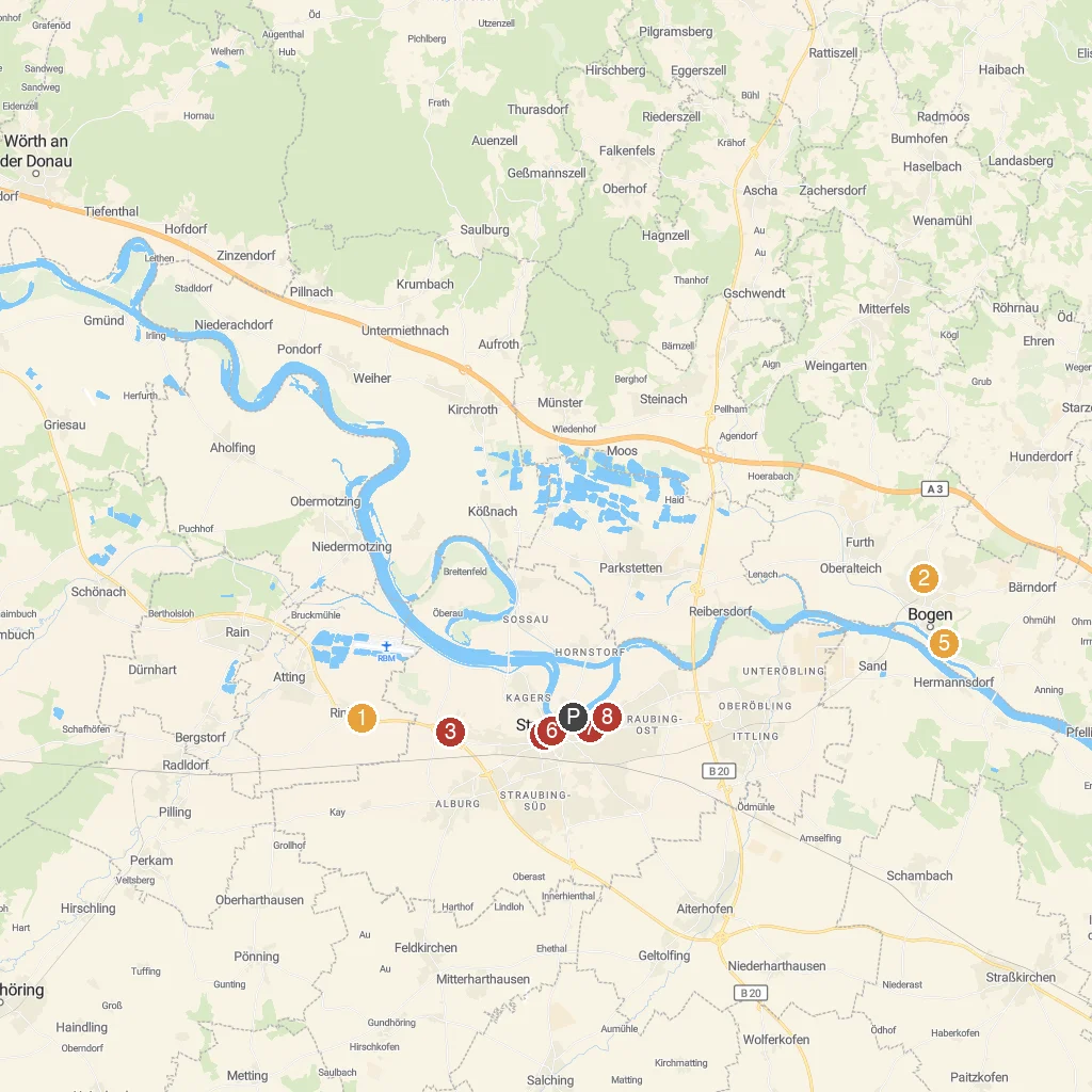 Straubing, Bavaria, Germany map with numbered points of interest
