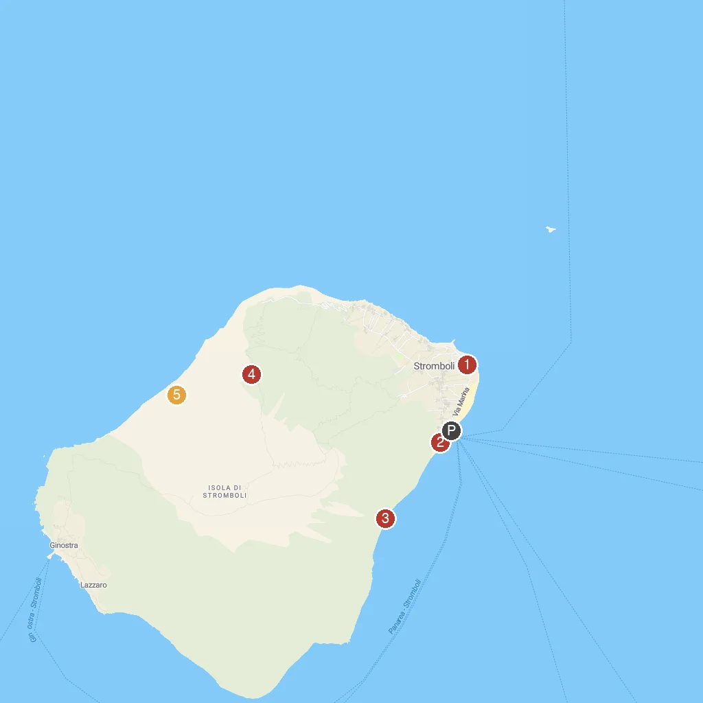 Stromboli Island, Aeolian Islands, Italy map with numbered points of interest