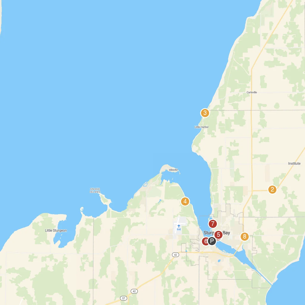 Sturgeon Bay, Wisconsin, USA map with numbered points of interest