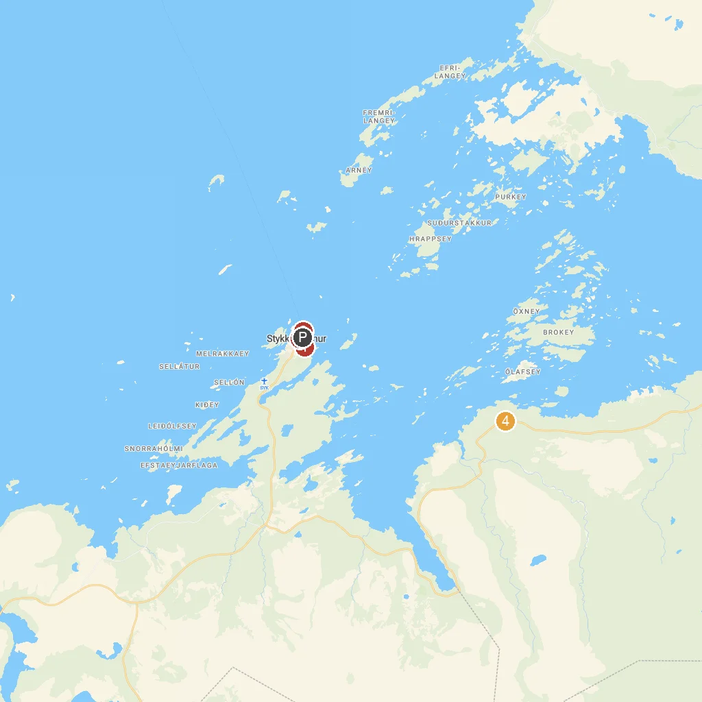 Stykkishólmur, Snæfellsnes, Iceland map with numbered points of interest