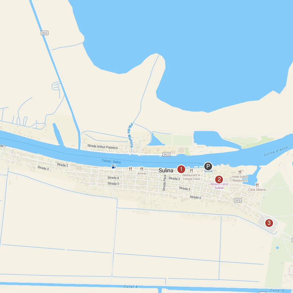 Sulina, Tulcea County, Romania map with numbered points of interest