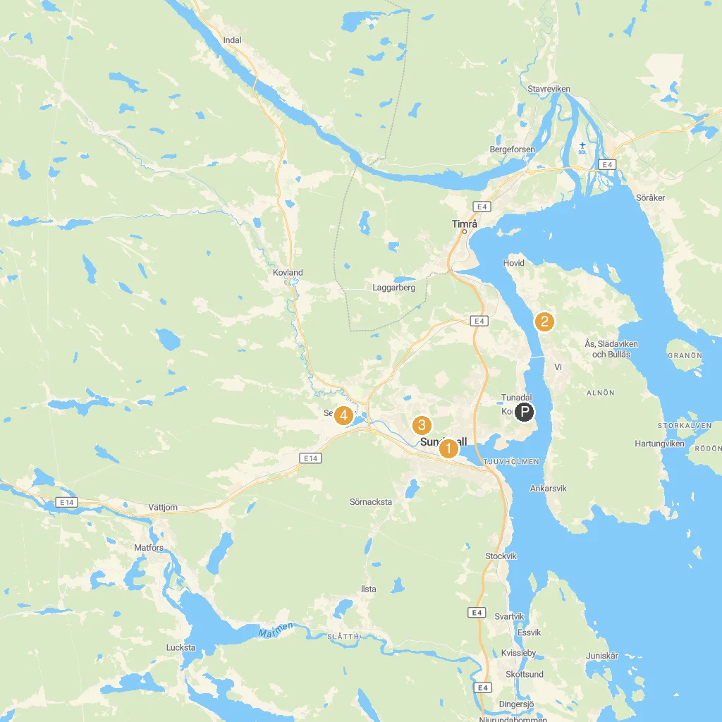 Sundsvall, Västernorrland, Sweden map with numbered points of interest