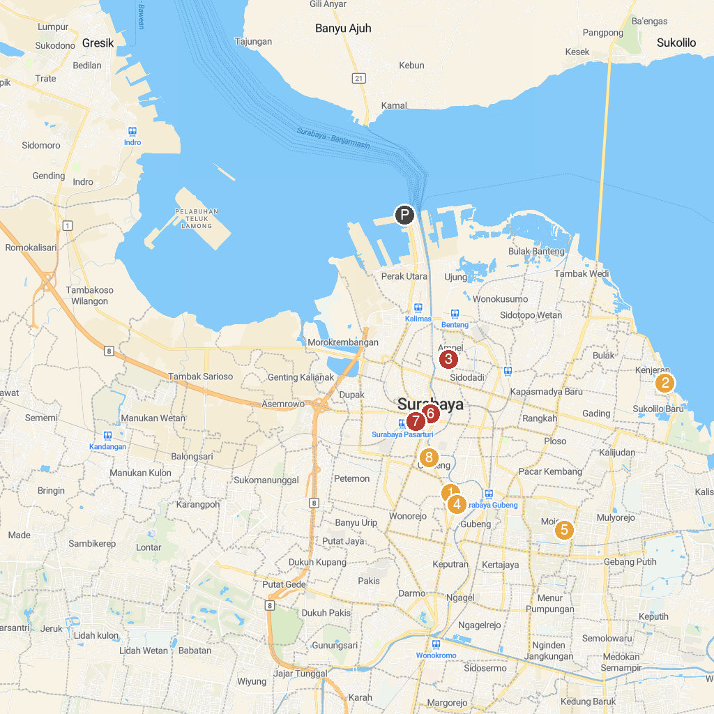 Surabaya, Java, Indonesia map with numbered points of interest