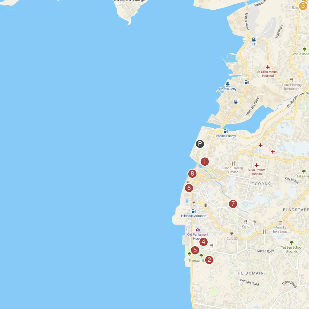 Suva, Viti Levu, Fiji map with numbered points of interest