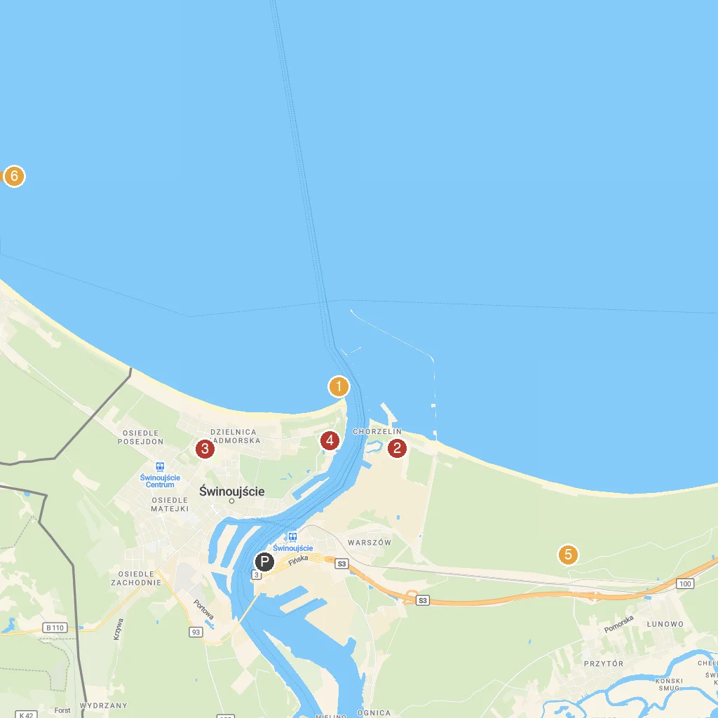 Świnoujście, Pomerania, Poland map with numbered points of interest