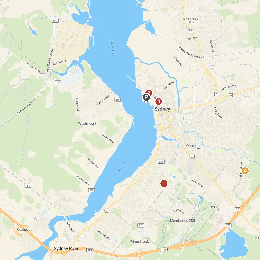 Sydney, Nova Scotia, Canada map with numbered points of interest