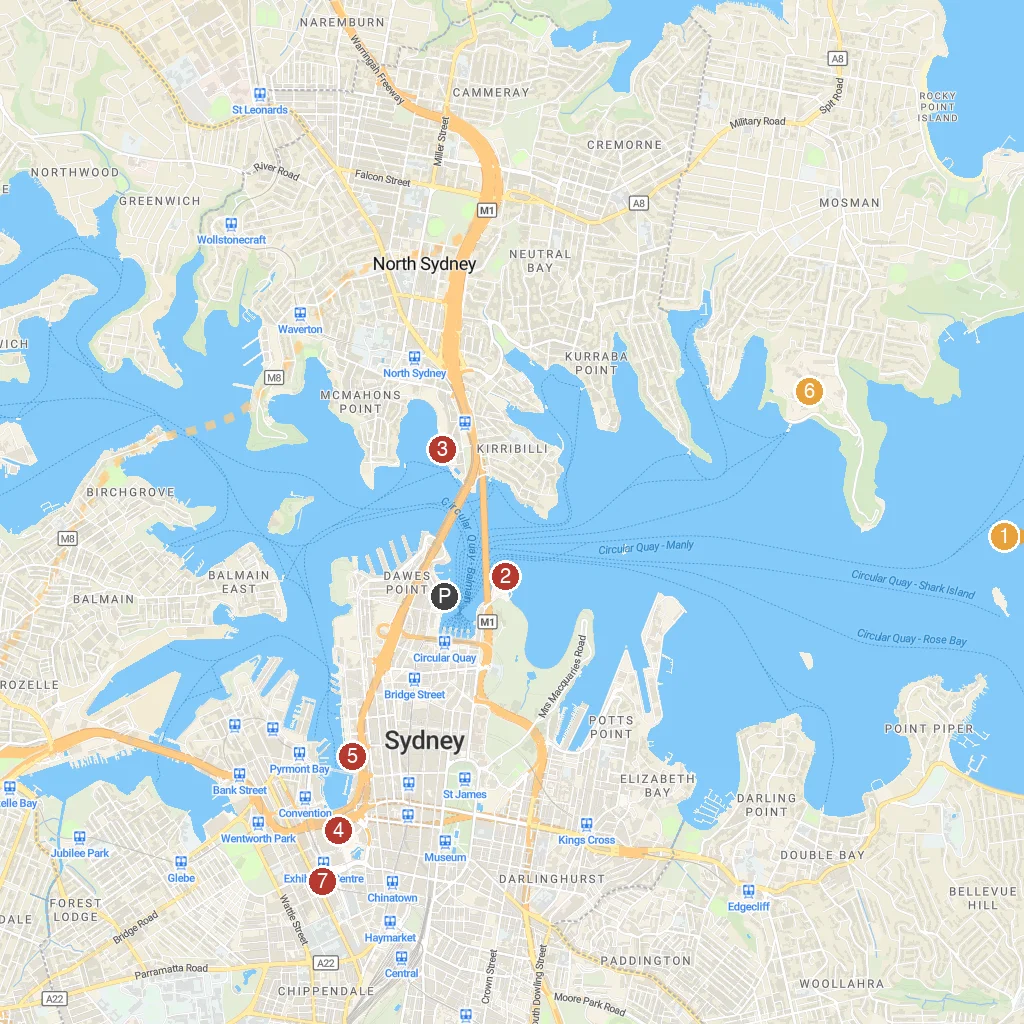 Sydney, New South Wales, Australia map with numbered points of interest