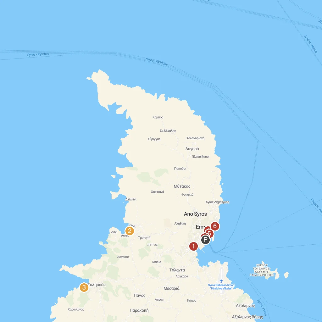 Syros Island, Cyclades, Greece map with numbered points of interest