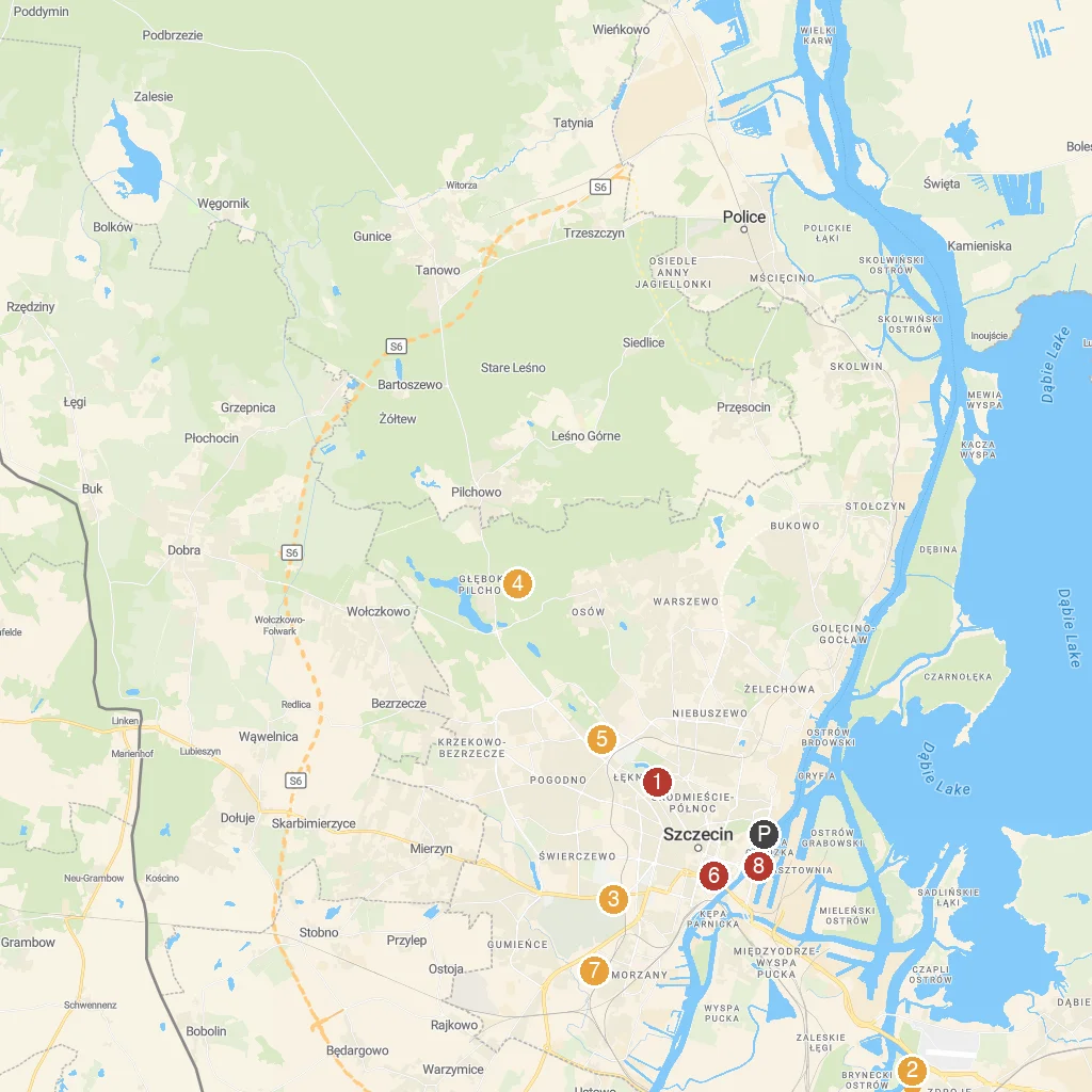 Szczecin, Pomerania, Poland map with numbered points of interest