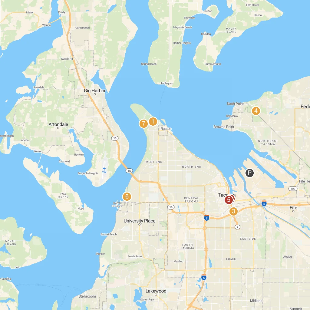 Tacoma, Washington, USA map with numbered points of interest