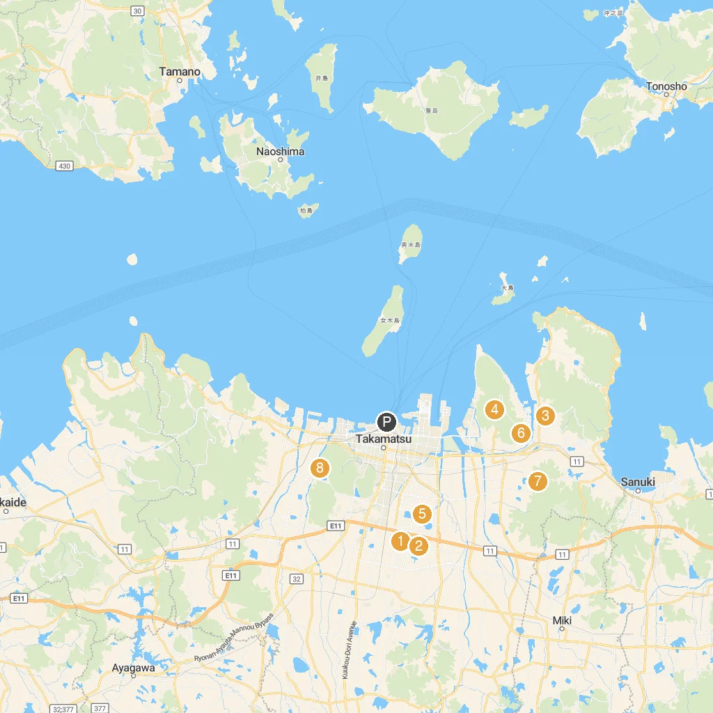 Takamatsu, Kagawa, Japan map with numbered points of interest