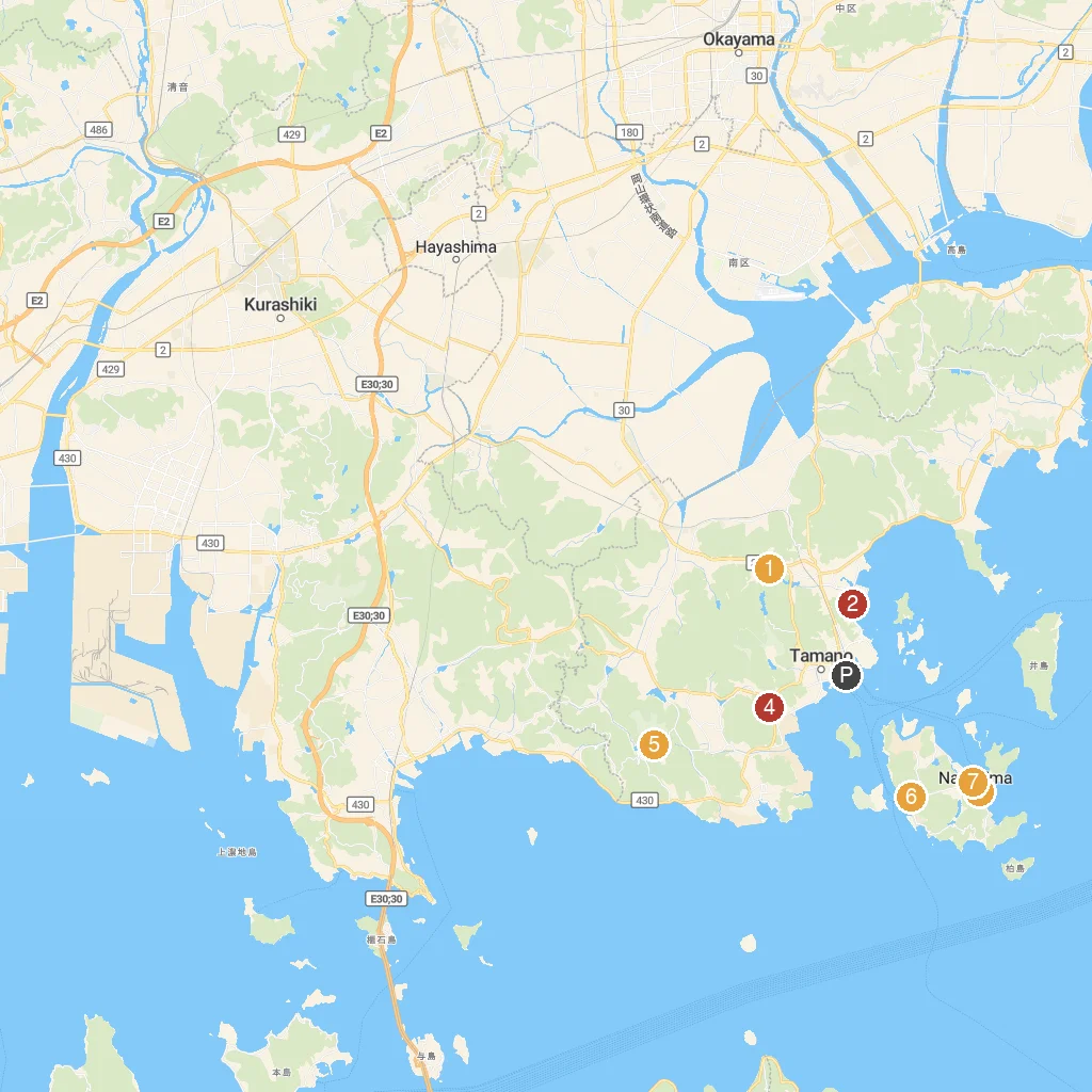 Tamano, Okayama, Japan map with numbered points of interest