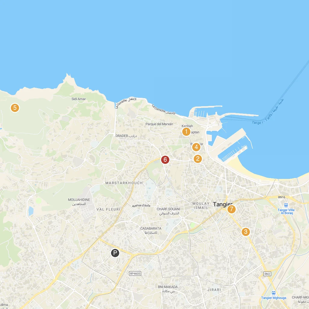 Tangier, Tangier-Tétouan-Al Hoceïma, Morocco map with numbered points of interest