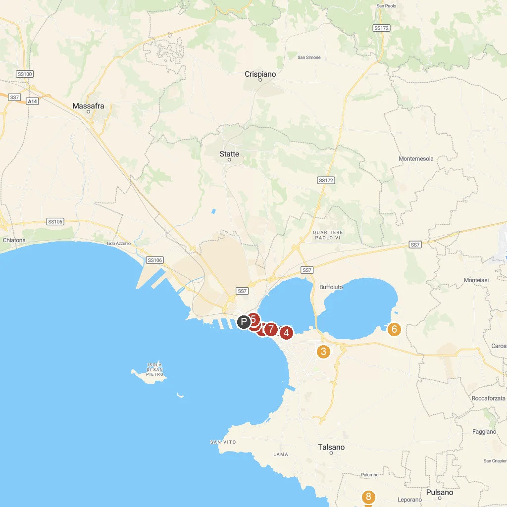 Taranto, Puglia, Italy map with numbered points of interest