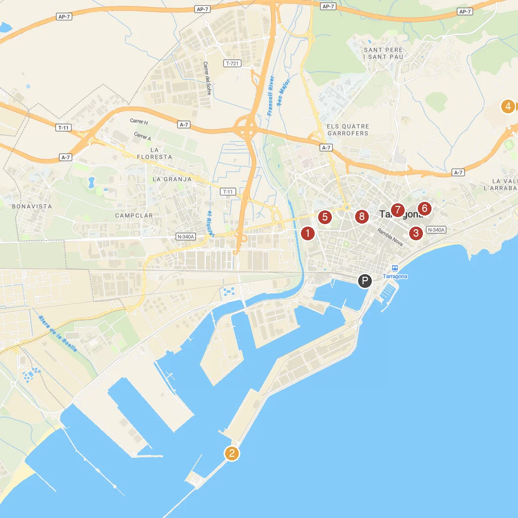 Tarragona, Catalonia, Spain map with numbered points of interest