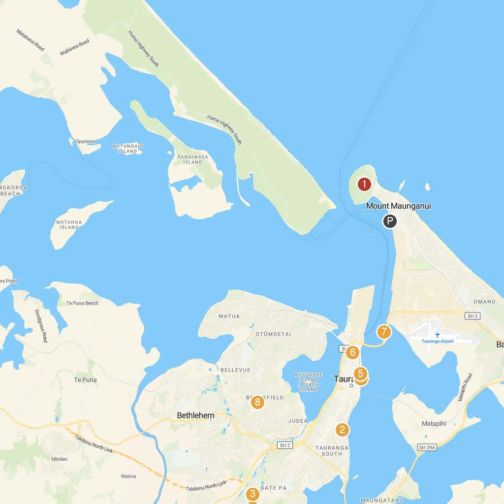 Tauranga, Bay of Plenty, New Zealand map with numbered points of interest