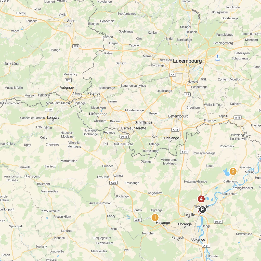 Thionville, Moselle, France map with numbered points of interest