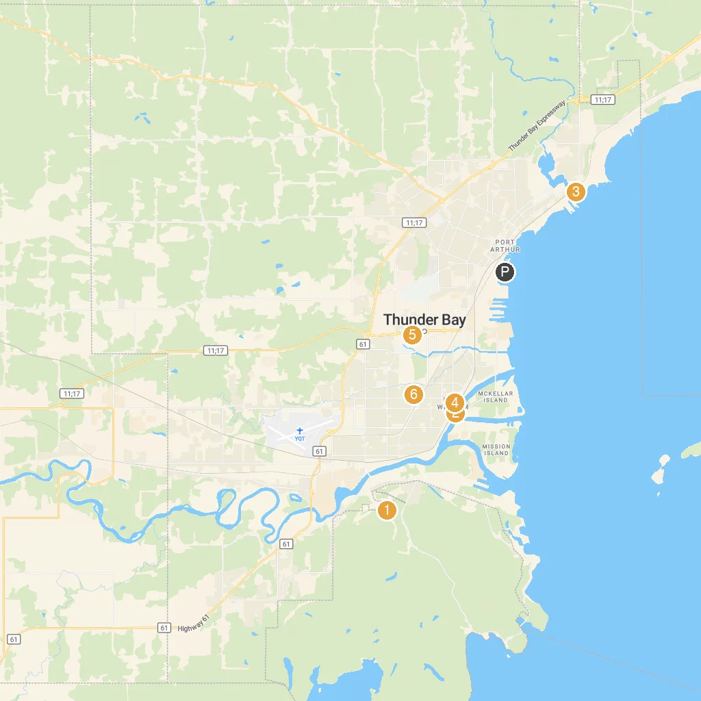 Thunder Bay, Ontario, Canada map with numbered points of interest