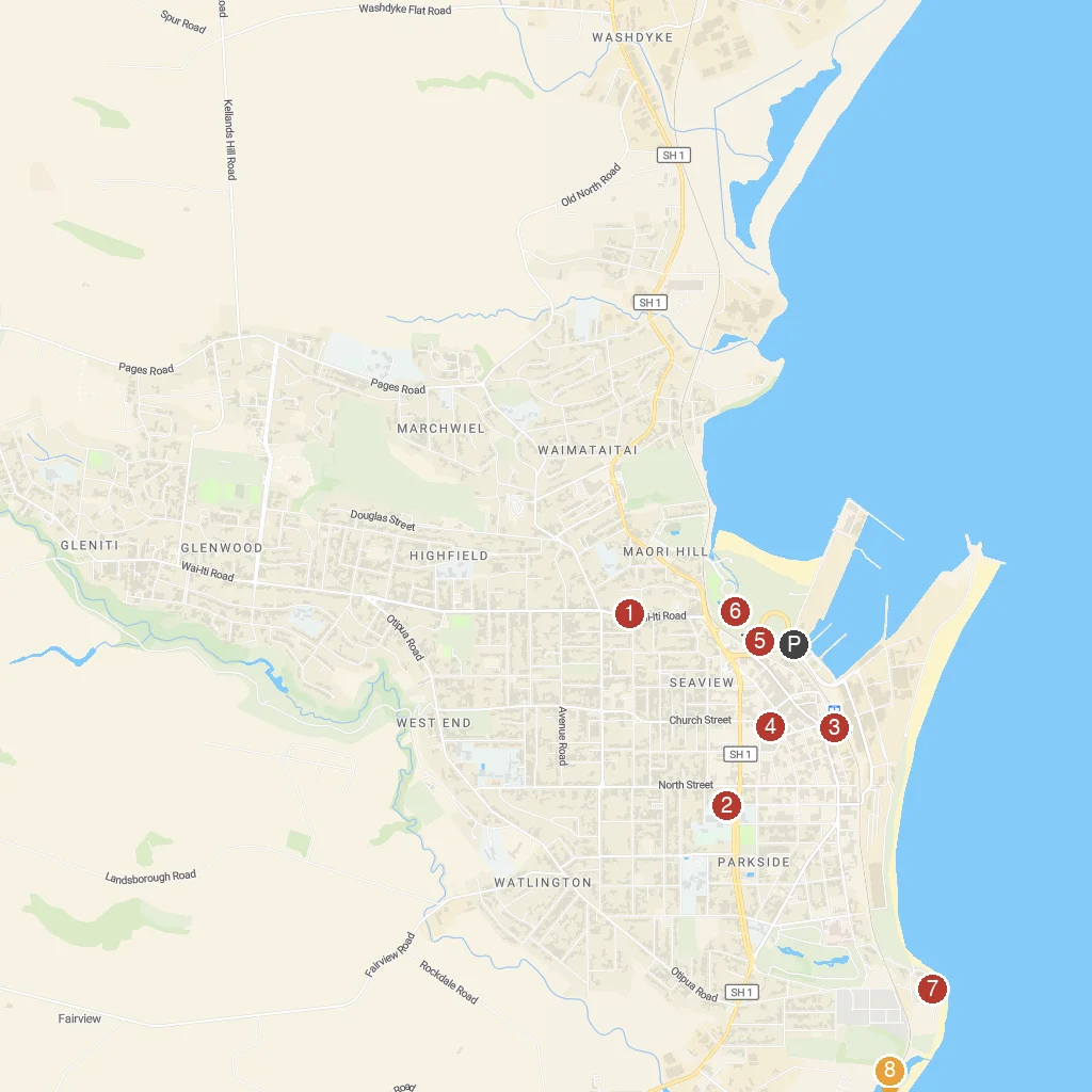 Timaru, South Canterbury, New Zealand map with numbered points of interest
