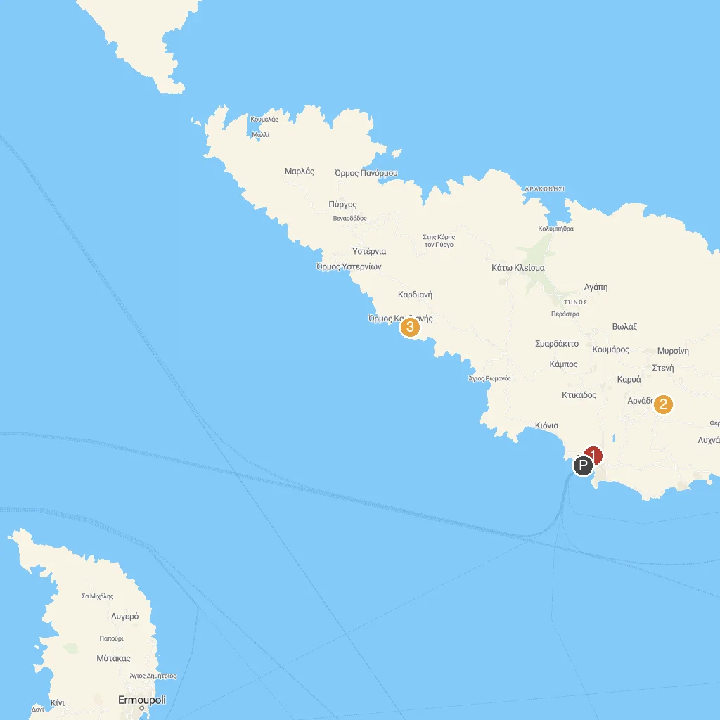 Tinos Island, Cyclades, Greece map with numbered points of interest