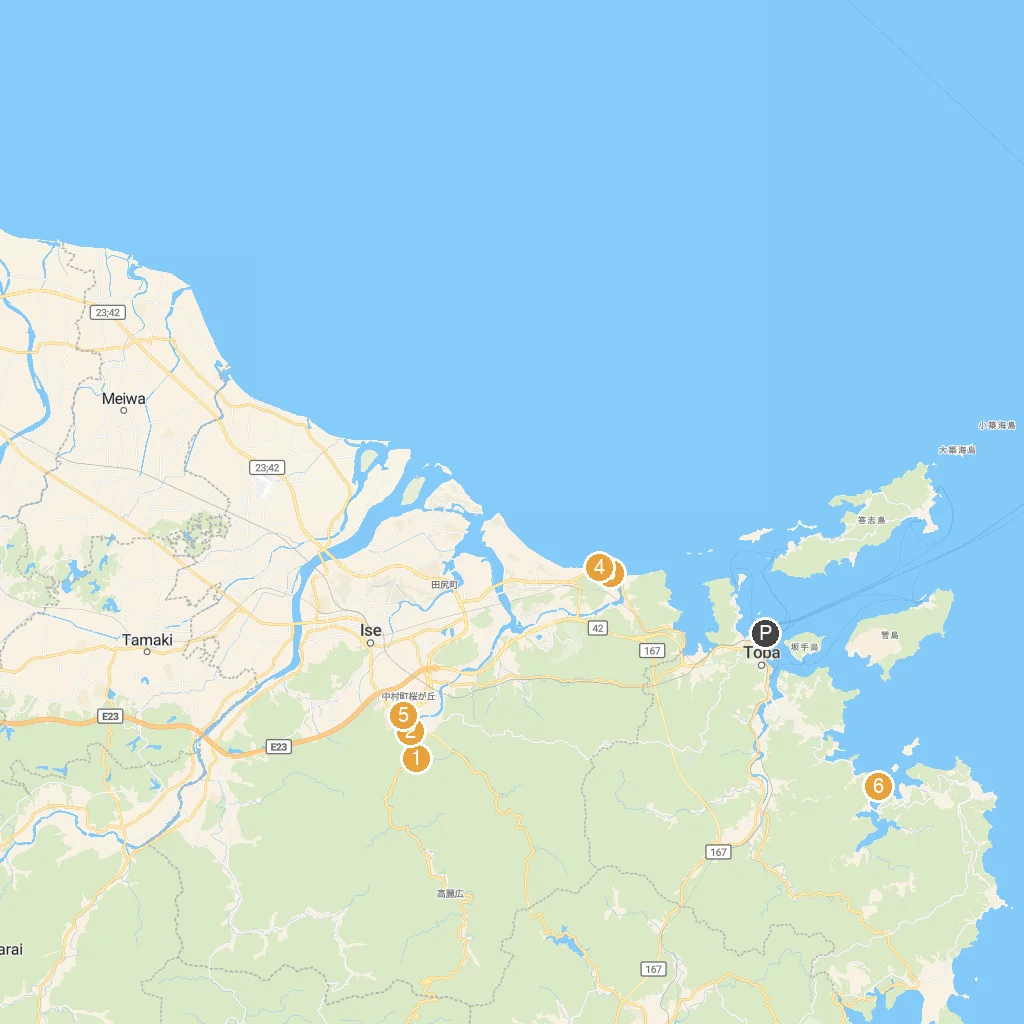 Toba, Mie, Japan map with numbered points of interest