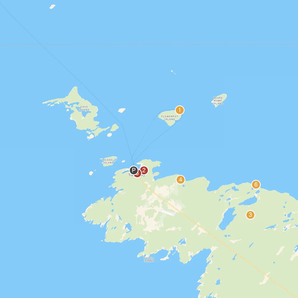 Tobermory, Ontario, Canada map with numbered points of interest