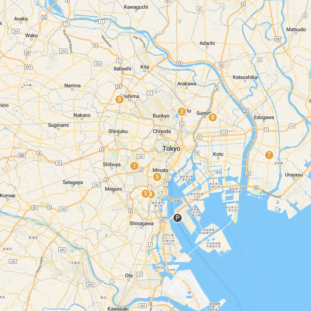 Tokyo, Kanto, Japan map with numbered points of interest