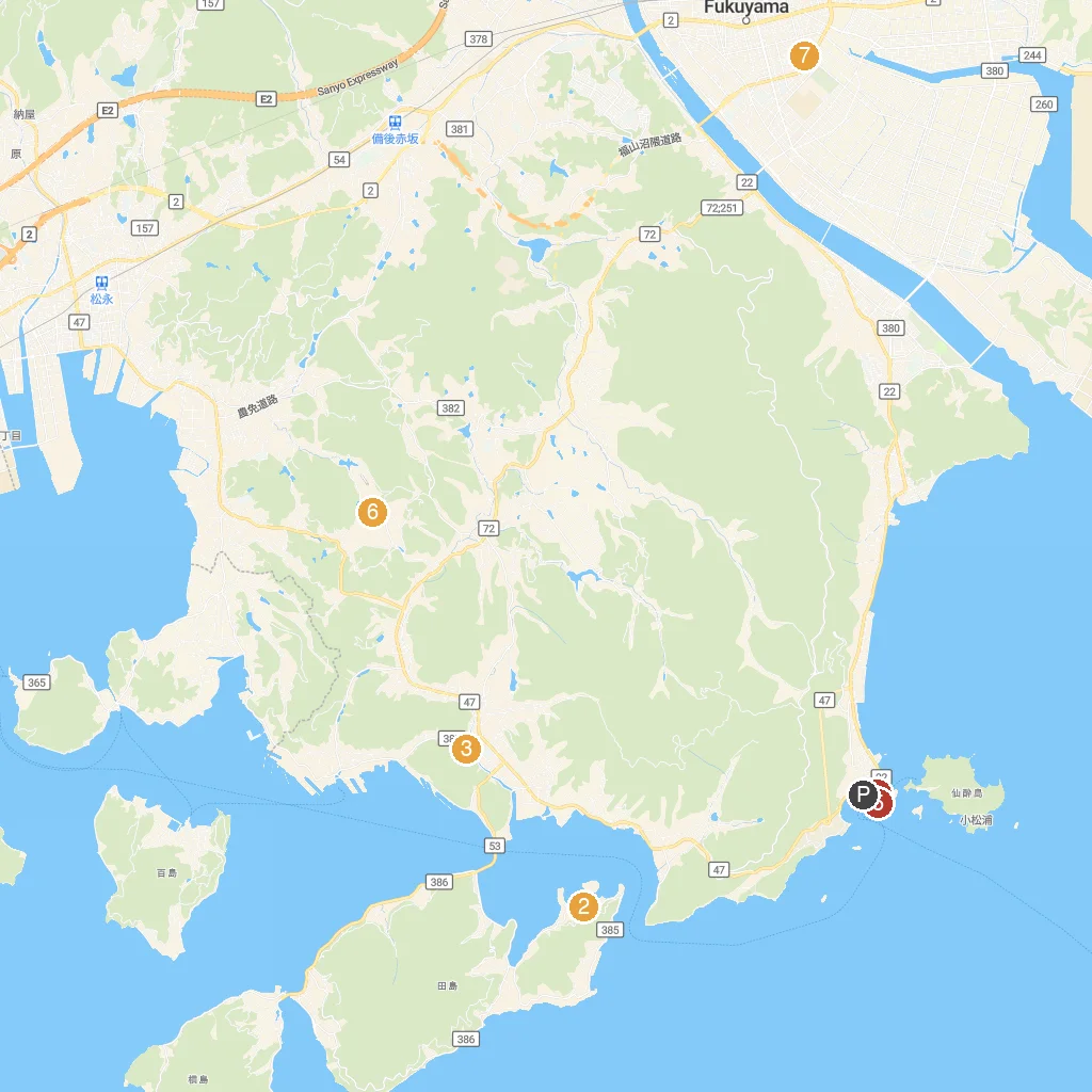 Tomonoura, Hiroshima Prefecture, Japan map with numbered points of interest