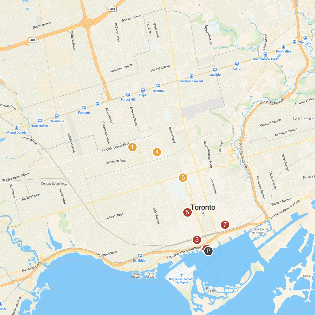 Toronto, Ontario, Canada map with numbered points of interest