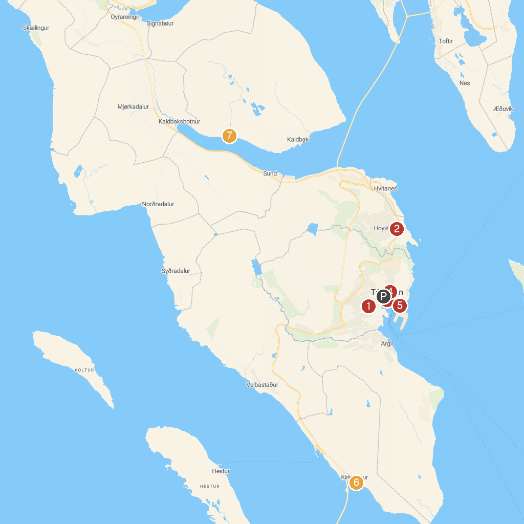Tórshavn, Faroe Islands, Denmark map with numbered points of interest