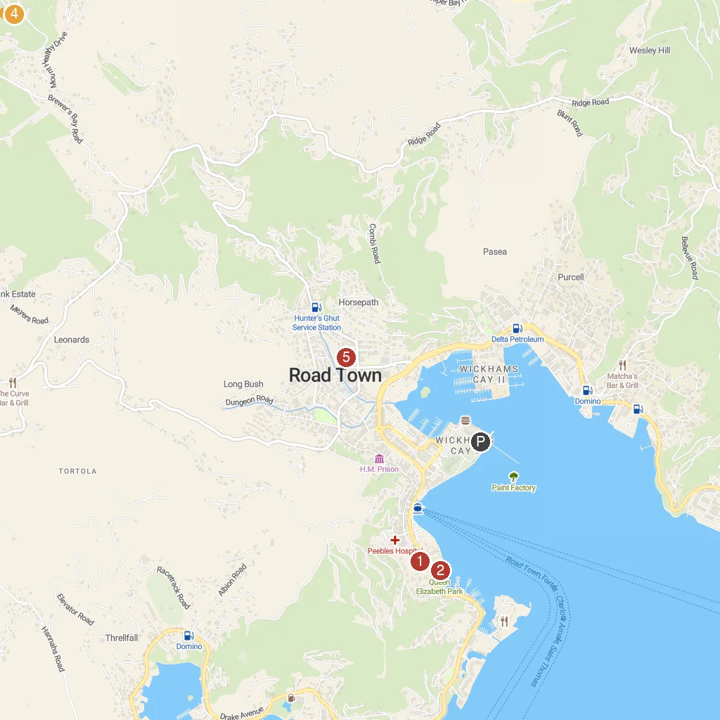 Tortola, British Virgin Islands map with numbered points of interest
