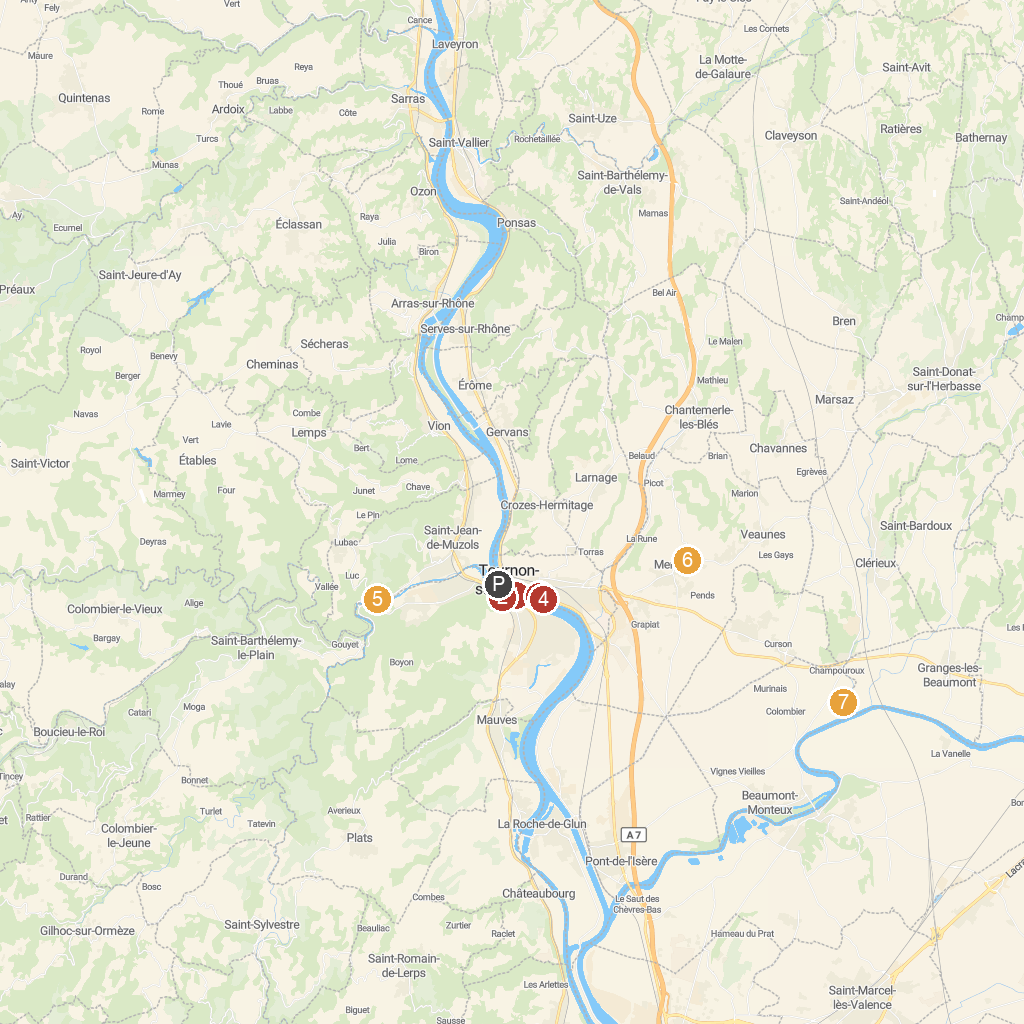 Tournon-sur-Rhône, Ardèche, France map with numbered points of interest