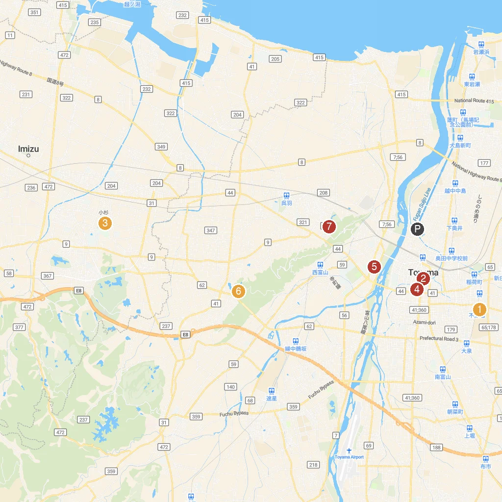 Toyama City, Toyama Prefecture, Japan map with numbered points of interest