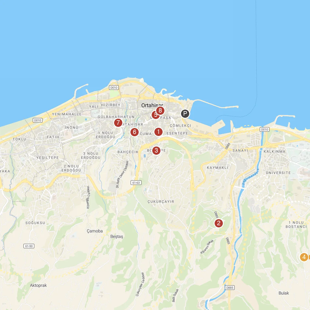 Trabzon, Black Sea, Turkey map with numbered points of interest